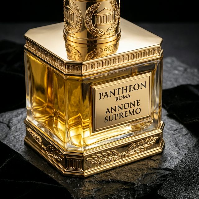 Lussuosa boccetta dorata del profumo Pantheon Roma Annone Supremo